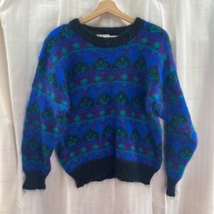 Gallagher Womens Knit Sweater Blue Purple Teal Geometric Pattern Long‎ Sleeve